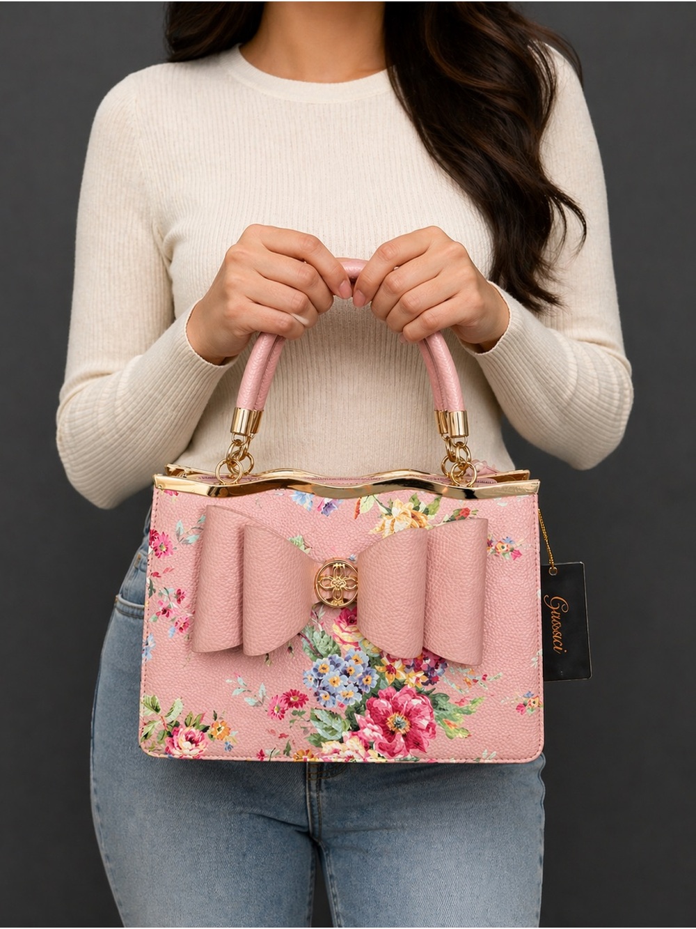 Pink Floral Bow Satchel Purse Top Handle Crossbody Cute Bag Gold HW - Crossi NY
